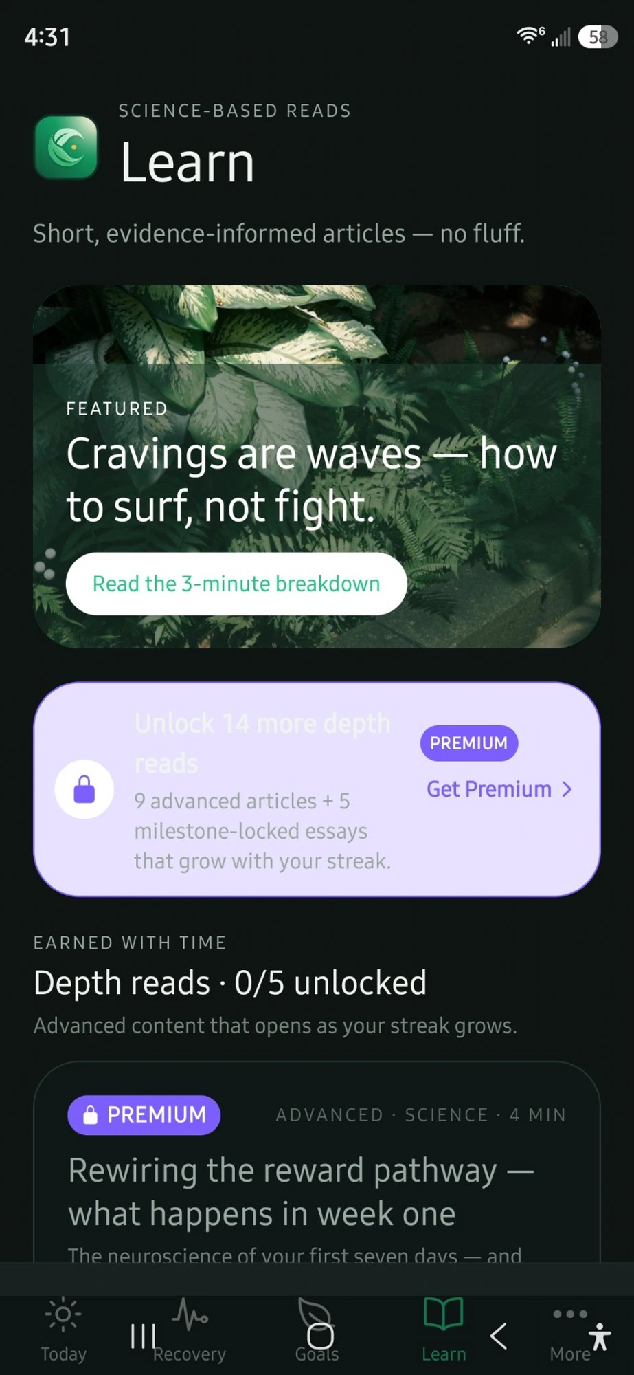CLRTY Learn — Science-based reads library, featured article 'Cravings are waves — how to surf, not fight' with a 'Read the 3-minute breakdown' button, and a Premium upsell card 'Unlock 14 more depth reads'.